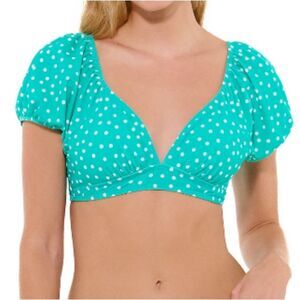 New Junior’s XL Extra Large Teal Polka Dot Puff Sleeve V neck Swim Top Bikini